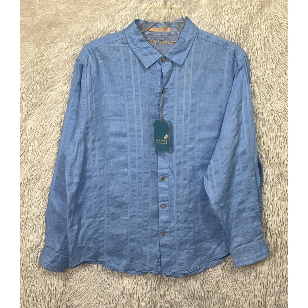 Roundtree & Yorke Caribbean Shirt Men's XL‎ Blue Linen Blend Long Sleeve Casual